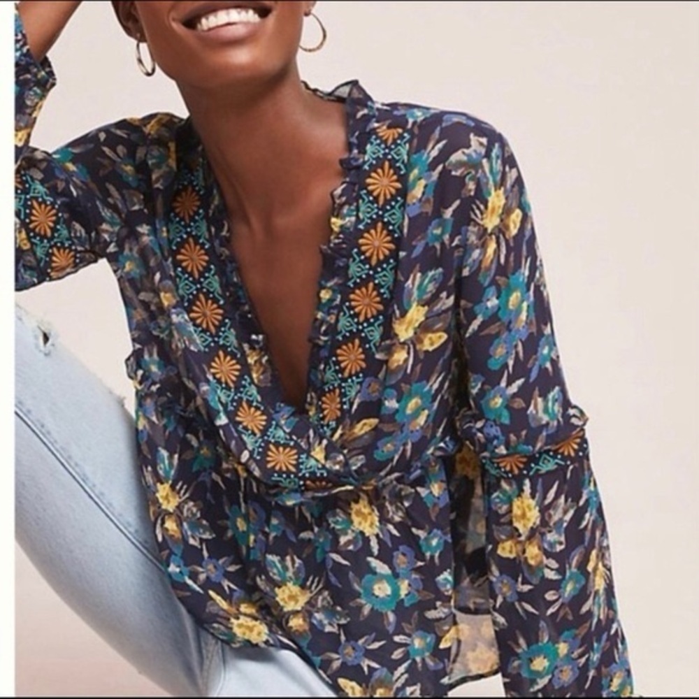 Anthropologie Floral Blouse in Navy with Yellow and Blue